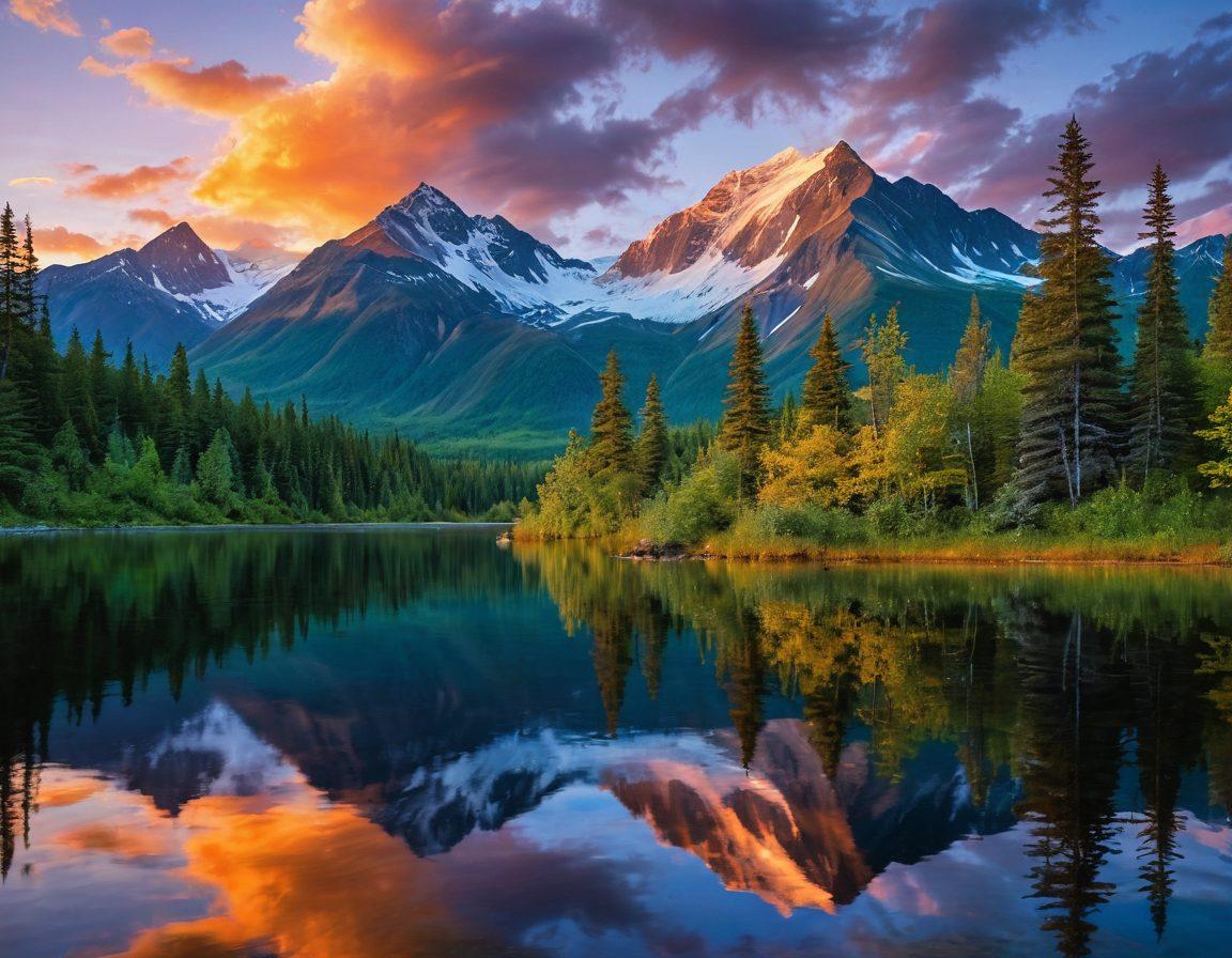 A breathtaking panoramic view of Alaska's stunning landscapes, showcasing towering snow-capped mountains under a vibrant sunset sky, lush green forests, and a serene lake reflecting the colors of the horizon. Include wildlife such as a majestic moose grazing by the water and eagles soaring above. Elements of tranquility and adventure should be captured, evoking a sense of blissful joy in nature. super-realistic. vibrant colors. 3D.