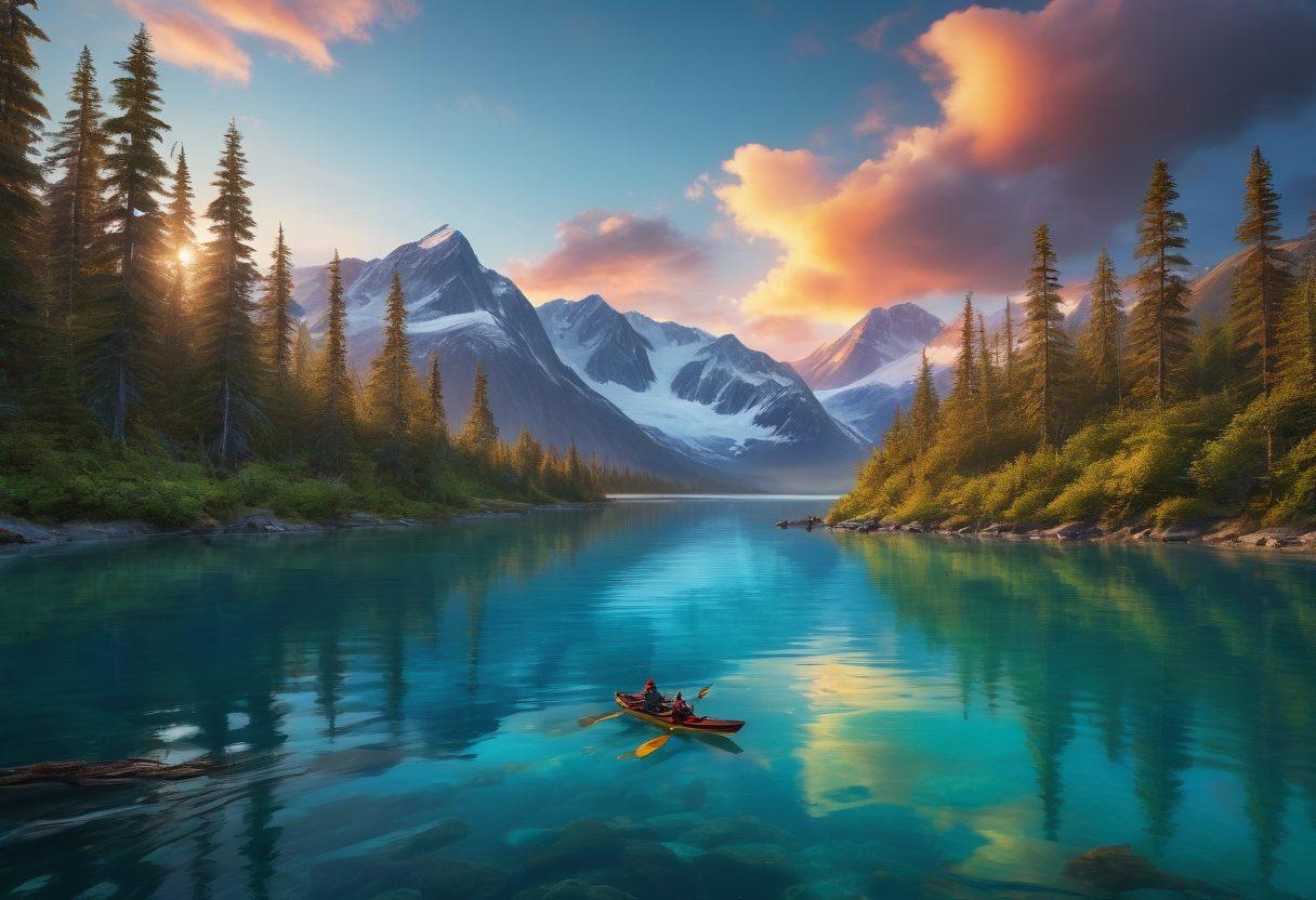 A breathtaking Alaskan landscape featuring towering snow-capped mountains, lush green forests, and a serene turquoise lake reflecting the vibrant colors of the sunset. Include a couple of adventurers kayaking peacefully, surrounded by playful otters and soaring eagles overhead. Capture the essence of joy and wonder in this untouched paradise. super-realistic. vibrant colors. 3D.