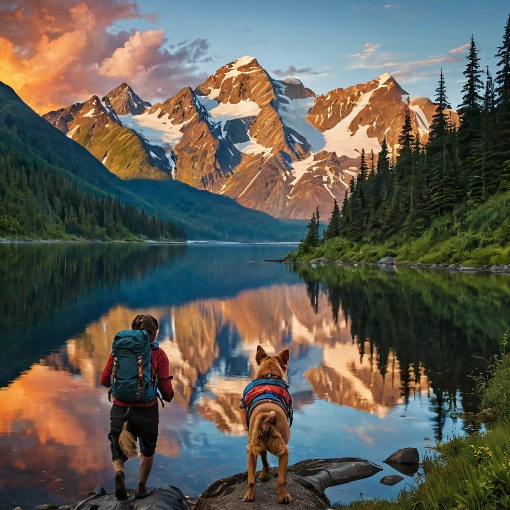 A breathtaking Alaskan landscape featuring a vibrant sunset over the snow-capped mountains, a group of diverse adventurers hiking joyfully with backpacks, surrounded by lush green forests and a serene, shimmering lake reflecting the sky. In the foreground, a playful dog bounds excitedly, capturing the essence of outdoor joy. super-realistic. vibrant colors. panoramic view.